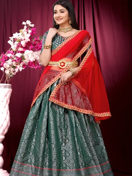 Green Color Pure Silk Half Saree Lehenga Choli With Zari Weaving and Dupatta