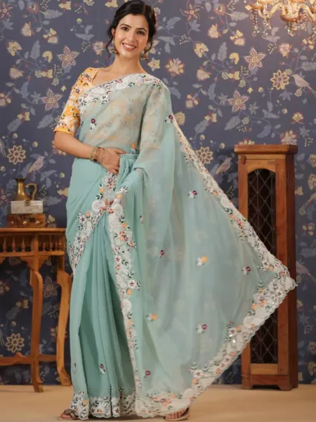 Sky Blue Wedding Saree With Heavy Coding Embroidery and Sequence Work in Georgette