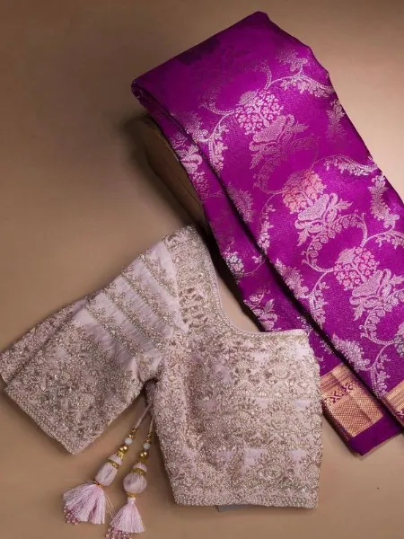 Purple Color Banasari Silk Wedding Saree With Heavy Work Blouse
