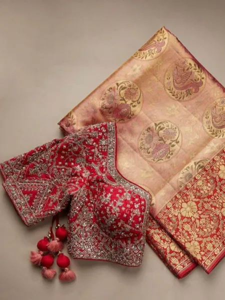 Peach Color Banasari Silk Wedding Saree With Heavy Work Blouse