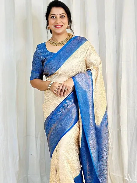 White Color Lichi Silk Saree With Royal Blue Border and Jacquard Weaving Work