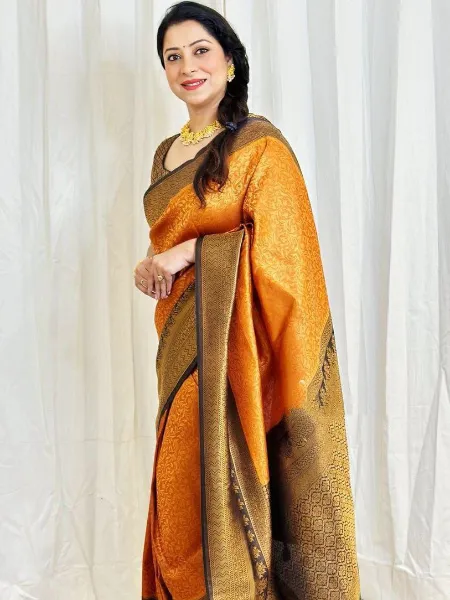 Orange Color Lichi Silk Saree With Black Border and Jacquard Weaving Work