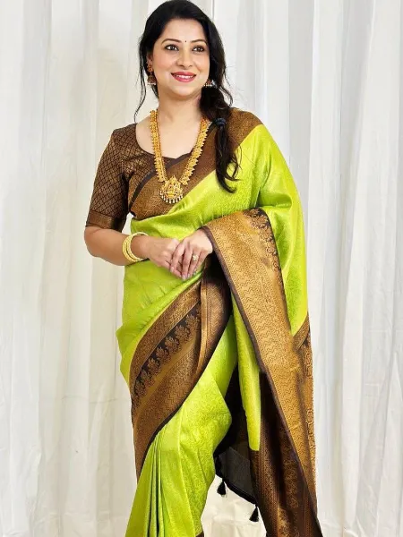 Parrot Color Lichi Silk Saree With Green Border and Jacquard Weaving Work