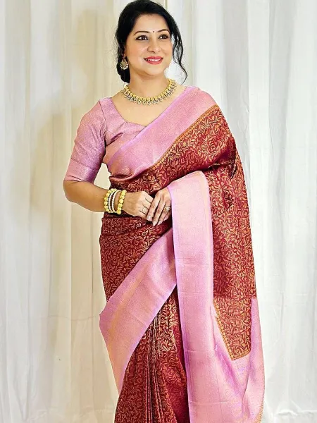 Maroon Color Lichi Silk Saree With Pink Border and Jacquard Weaving Work