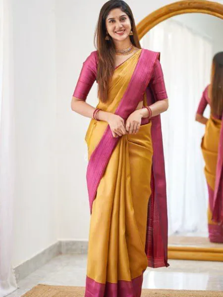Mustard Color Soft Lichi Silk Saree With Weaving Zari Work South Indian Saree