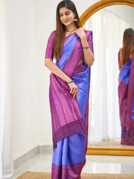 Blue Color Soft Lichi Silk Saree With Weaving Zari Work South Indian Saree