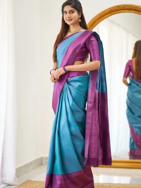 Sky Color Soft Lichi Silk Saree With Weaving Zari Work South Indian Saree
