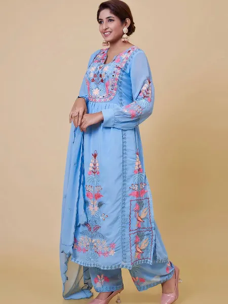 Sky Blue Color Trending Pakistani Dress With Original Mirror and Thread Work