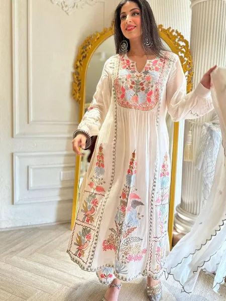 White Color Trending Pakistani Dress With Original Mirror and Thread Work