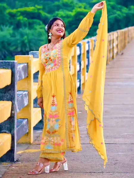 Mustard Color Trending Pakistani Dress With Original Mirror and Thread Work