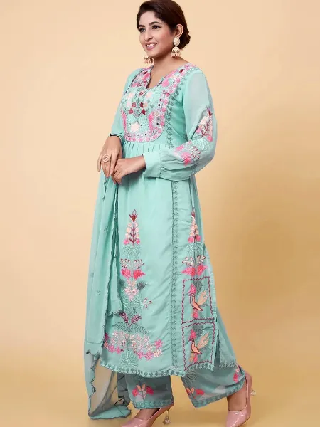 Mint Color Trending Pakistani Dress With Original Mirror and Thread Work