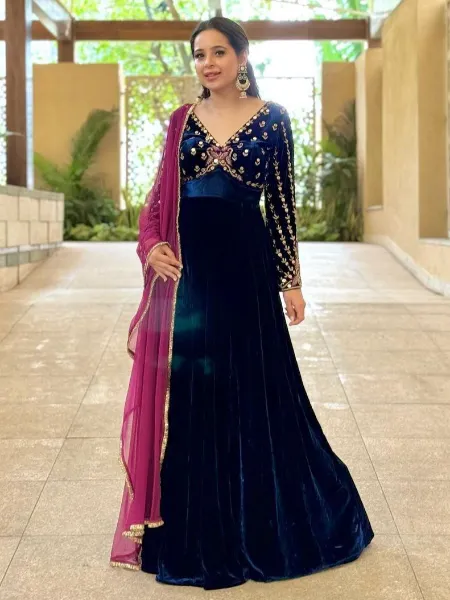 Navy Blue Velvet Gown With Dupatta and Sequence Embroidery Work