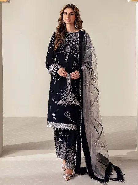 Blue Color Velvet Pakistani Dress With Beautiful Embroidery and Dupatta