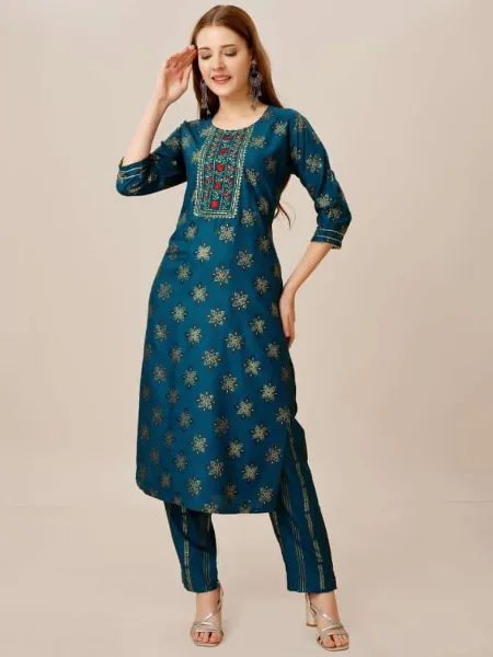 Rama Color Plus Size Kurta Pant Set With Foil Print and Embroidery Work