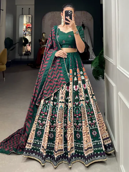 Designer Lehenga Choli With Print in Green Color Vaishali Silk Fabric