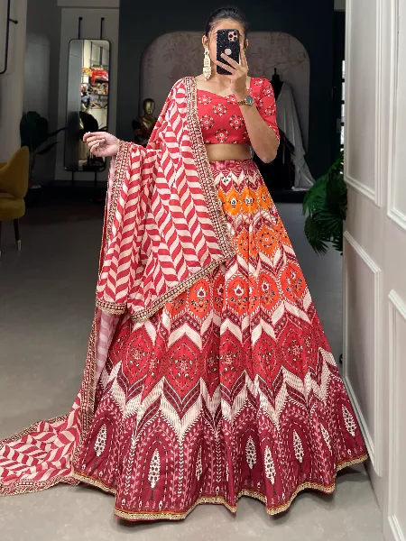 Designer Lehenga Choli With Print in Red Color Vaishali Silk Fabric