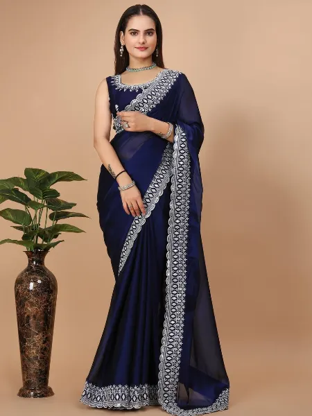 Indian Saree in Blue Color With Rangoli Silk Fabric and Embroidery Work