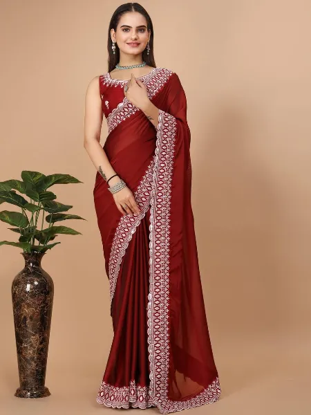 Indian Saree in Red Color With Rangoli Silk Fabric and Embroidery Work