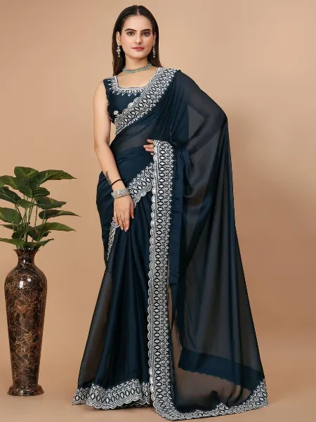 Indian Saree in Teal Color With Rangoli Silk Fabric and Embroidery Work