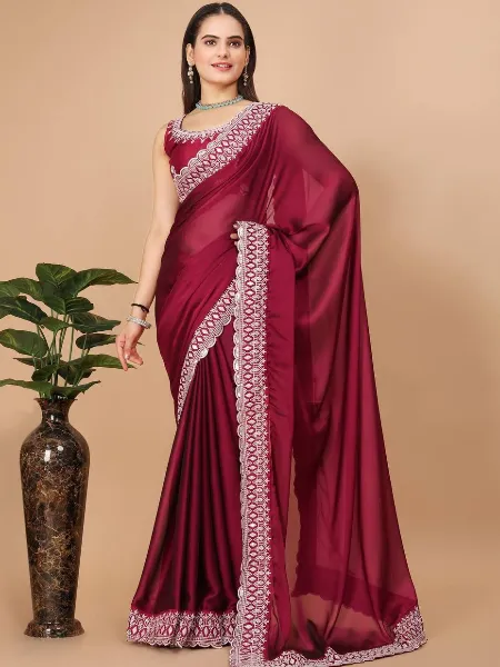 Indian Saree in Pink Color With Rangoli Silk Fabric and Embroidery Work