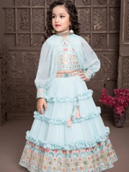Sky Blue Girls Lehenga Choli With Fancy Design With Embroidery