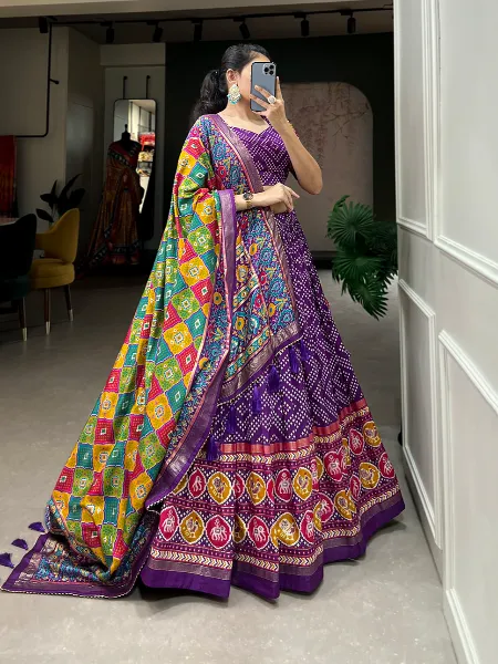 Tussar Silk Lehenga Choli in Purple Color With Patola Print and Foil Work