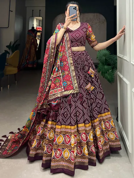 Tussar Silk Lehenga Choli in Wine Color With Patola Print and Foil Work