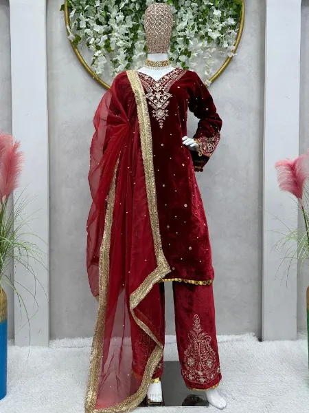 Salwar Suit in Maroon Velvet With Embroidery Work for Winter Shopping