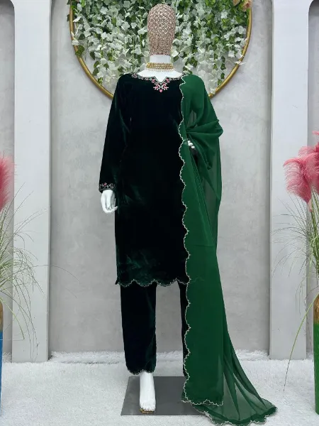 Salwar Suit in Green Velvet With Embroidery Work for Winter Shopping