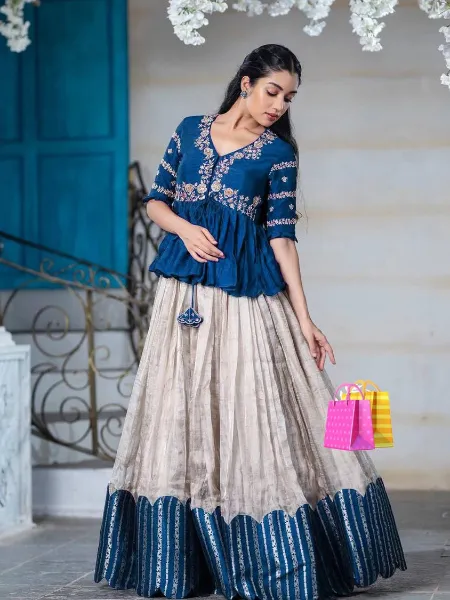 South Indian Lehenga Choli in Rama Ready to Wear With Embroidery Work