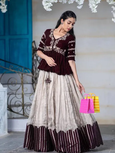 South Indian Lehenga Choli in Wine Ready to Wear With Embroidery Work