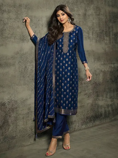Shilpa Shetty Salwar Suit in Navy Blue Pure Viscos Jacquard and Embroidery