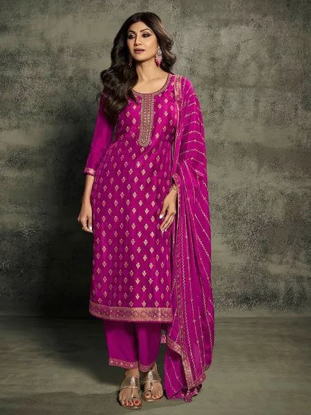 Shilpa Shetty Salwar Suit in Pink Pure Viscos Jacquard and Embroidery
