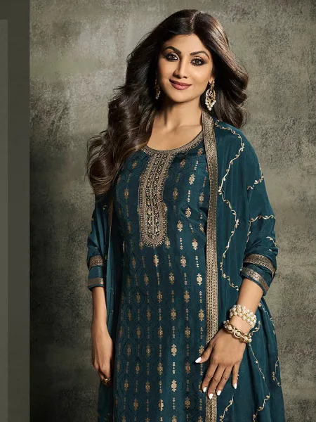 Shilpa Shetty Salwar Suit in Rama Pure Viscos Jacquard and Embroidery