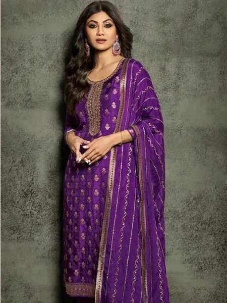 Shilpa Shetty Salwar Suit in Purple Pure Viscos Jacquard and Embroidery