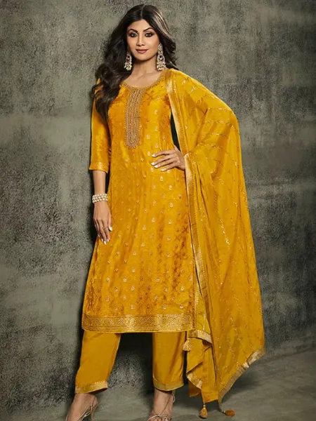 Shilpa Shetty Salwar Suit in Yellow Pure Viscos Jacquard and Embroidery