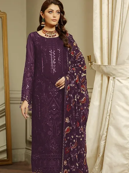 Pakistani Suit in Wine Color Georgette With Heavy Embroidery and Khatli Work