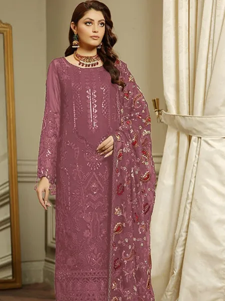 Pakistani Suit in Onion Color Georgette With Heavy Embroidery and Khatli Work