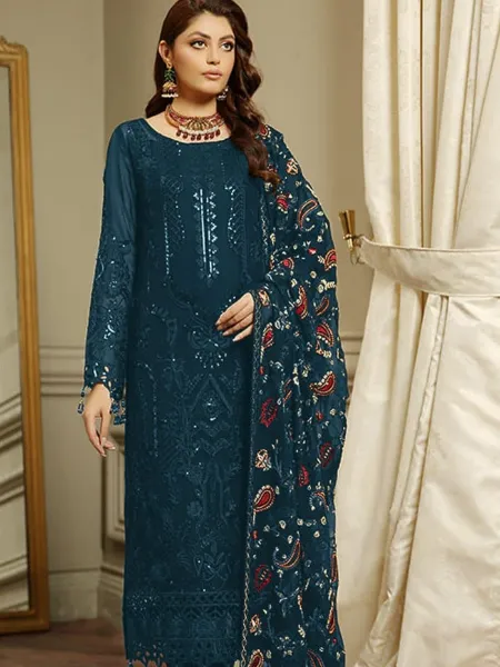 Pakistani Suit in Blue Color Georgette With Heavy Embroidery and Khatli Work