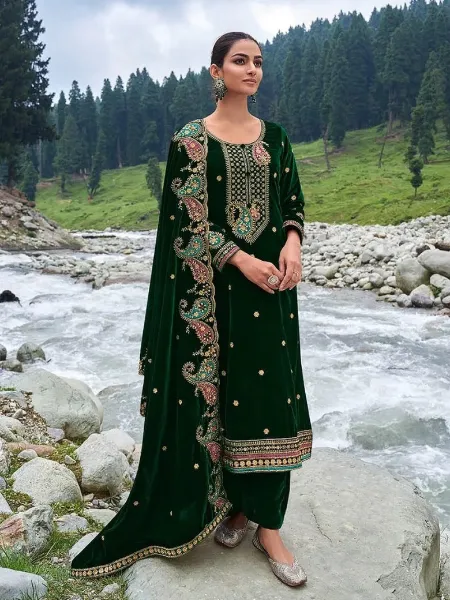 Pakistani Suit in Green Color Velvet With Heavy Sequence Embroidery Work