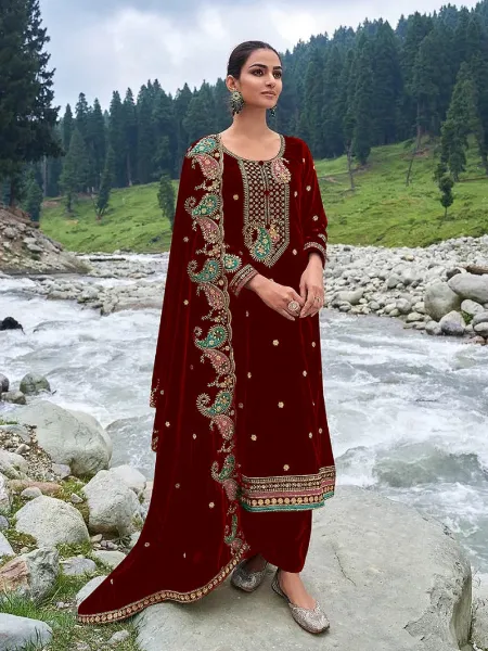 Pakistani Suit in Maroon Color Velvet With Heavy Sequence Embroidery Work