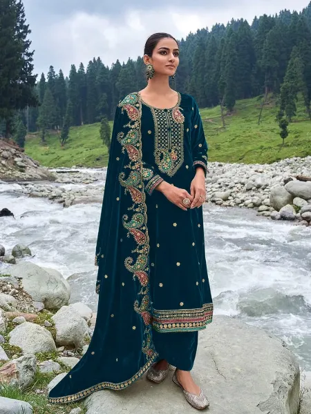 Pakistani Suit in Rama Color Velvet With Heavy Sequence Embroidery Work