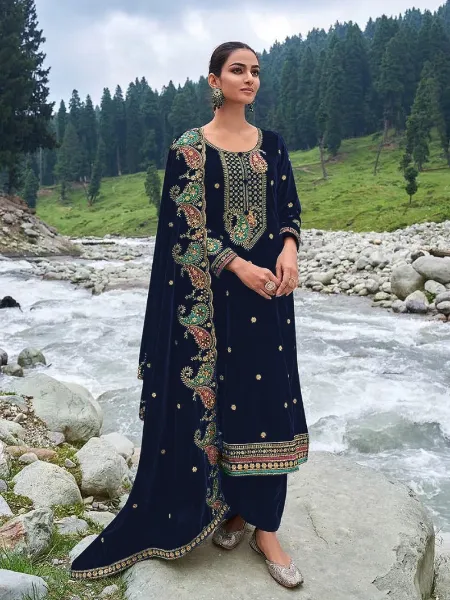 Pakistani Suit in Navy Blue Color Velvet With Heavy Sequence Embroidery Work