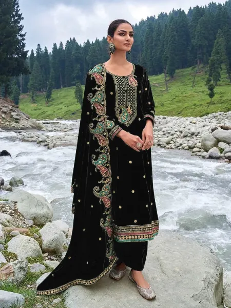 Pakistani Suit in Black Color Velvet With Heavy Sequence Embroidery Work
