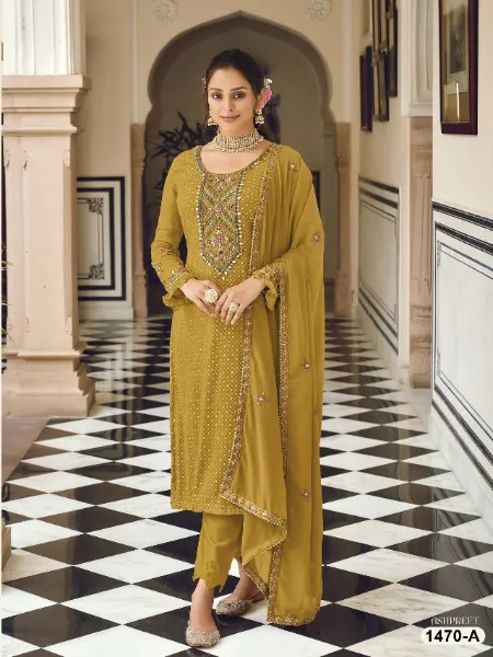 Yellow Salwar Suit in Georgette With Heavy Neck and Sequence Work