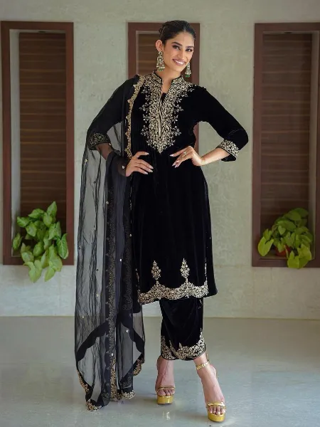 Velvet Salwar Suit in Black With Beautiful Embroidery Work and Dupatta