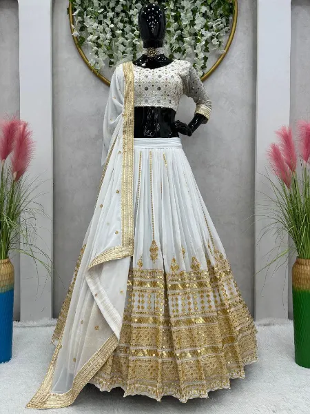White Color Sequence Work Lehenga Choli in Georgette With Heavy Embroidery