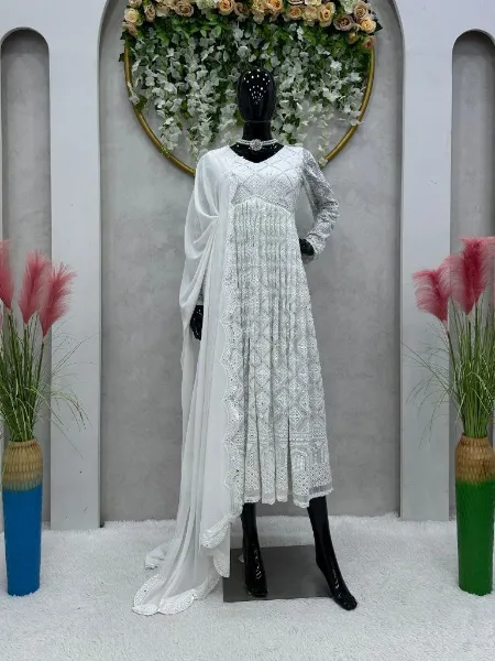 Sequence Gown in White Color Georgette Fabric Ready to Wear With Dupatta