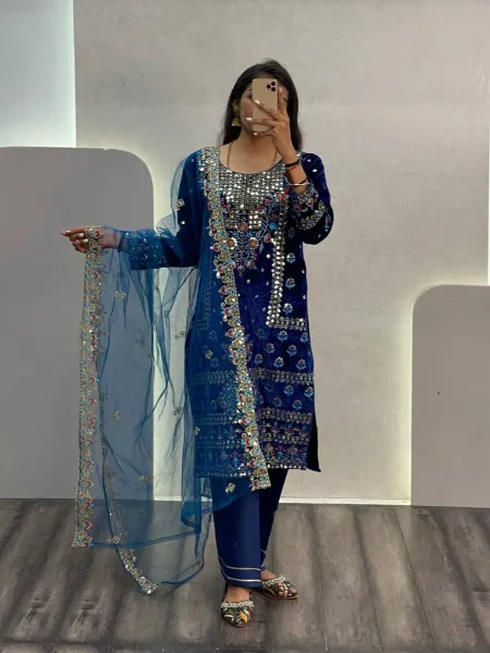 Blue Color Velvet Salwar Suit With Heavy Embroidery Work and Dupatta