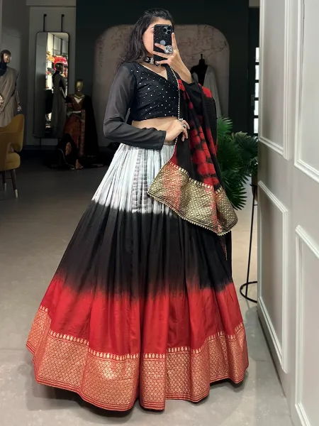 Black Color Shibori Print Lehenga Choli in Pure Chanderi With Zari Weaving